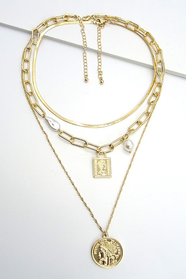 3 LAYER SNAKE LINK CHAIN COIN PENDANT NECK | 25N60017