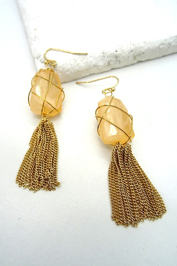 NATURAL STONE WIRE WRAPPED METAL TASSEL EARRING | 260394719C