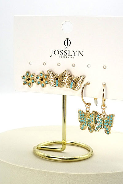 TURQUOISE FLOWER & BUTTERFLY TRIO EARRINGS | 51E2104084