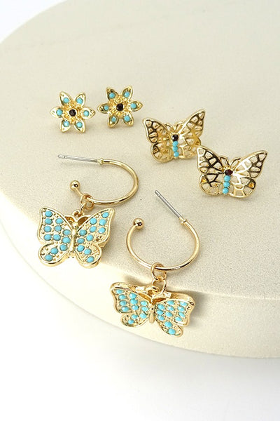 TURQUOISE FLOWER & BUTTERFLY TRIO EARRINGS | 51E2104084