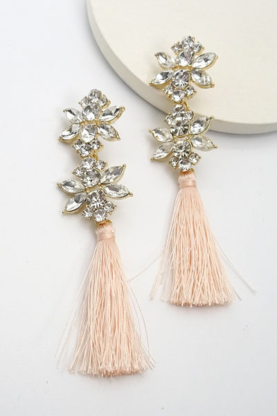 FLOWER RHINESTONE W/TASSEL LINEAR EARRINGS | 51E20371