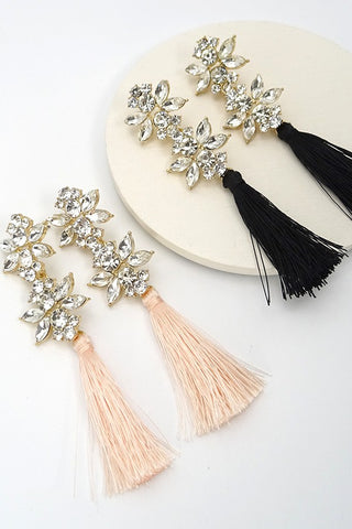 FLOWER RHINESTONE W/TASSEL LINEAR EARRINGS | 51E20371