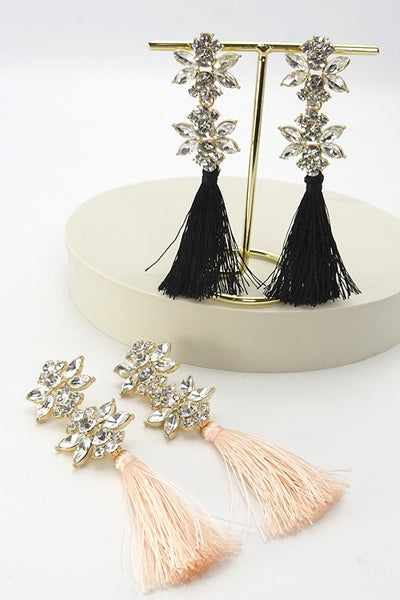 FLOWER RHINESTONE W/TASSEL LINEAR EARRINGS | 51E20371