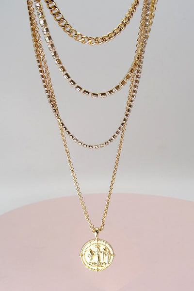 DOUBLE RHINESTONE CHAIN COIN DROP LAYER NECKLACE | 31N21088