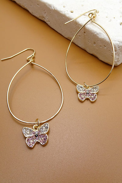 RHINESTONE BUTTERFLY WIRE HOOP EARRINGS | 37E13709