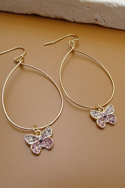 RHINESTONE BUTTERFLY WIRE HOOP EARRINGS | 37E13709