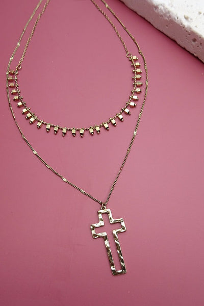 DOUBLE LAYER DROP CROSS LAYER NECKLACE | 25N202