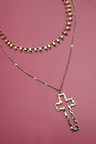 DOUBLE LAYER DROP CROSS LAYER NECKLACE | 25N202