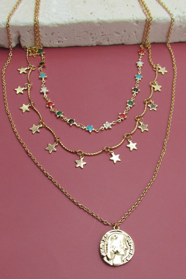 4 LAYER OF STARS AND CIRCLE DROP NECKLACE | 31N21134