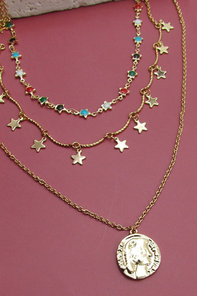 4 LAYER OF STARS AND CIRCLE DROP NECKLACE | 31N21134