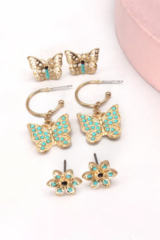 TURQUOISE FLOWER & BUTTERFLY TRIO EARRINGS | 51E2104084