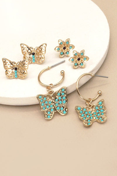 TURQUOISE FLOWER & BUTTERFLY TRIO EARRINGS | 51E2104084