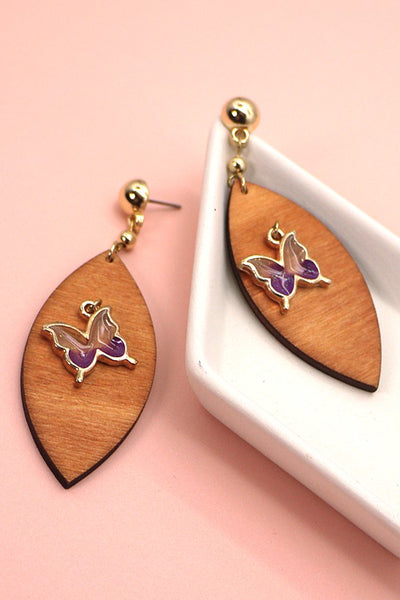 WOOD BUTTERFLY CHARM DROP EAR | 31E8017