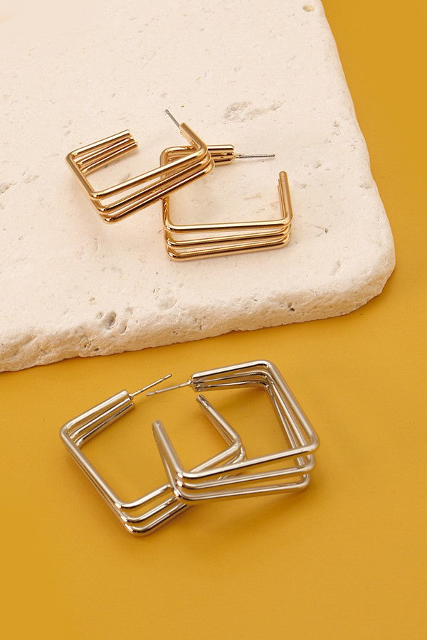 TRI ROW MODERN SQUARE HOOP EARRINGS | 31E21867