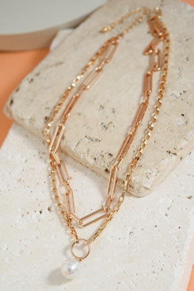 DOUBLE CHAIN PEARL PENDANT NECKLACE | 51N2111096