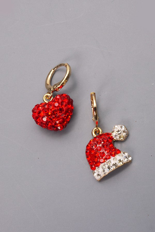 RHINESTONE SANTA HAT AND HEART MINI HOOP EARRINGS | 71E0964