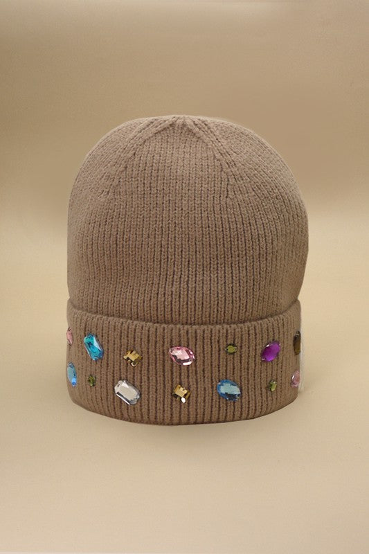 JEWELED COLOR STONE EMBELLISHMENT BEANIE | 40BN906