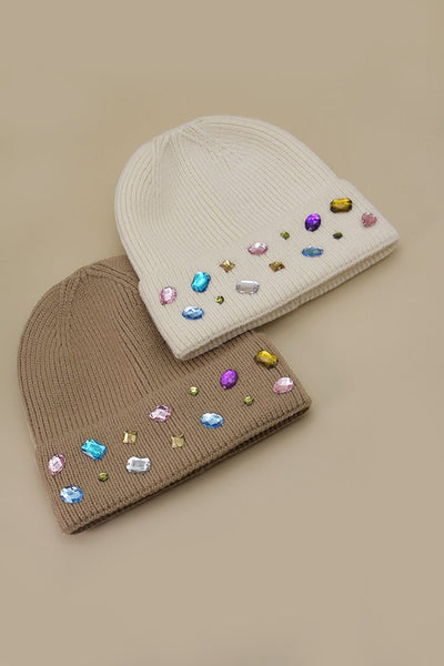 JEWELED COLOR STONE EMBELLISHMENT BEANIE | 40BN906