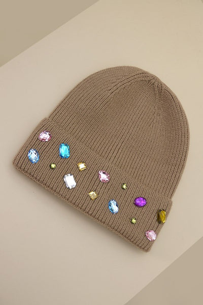 JEWELED COLOR STONE EMBELLISHMENT BEANIE | 40BN906