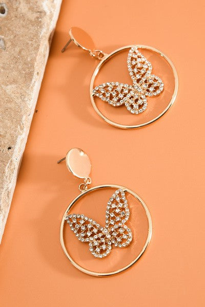 RHINESTONE BUTTERFLY CIRCLE EARRINGS | 31E22626