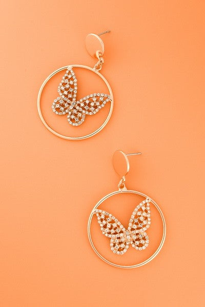 RHINESTONE BUTTERFLY CIRCLE EARRINGS | 31E22626