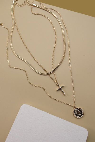 MULTI LAYER CROSS COIN PENDANT NECKLACE | 47N19722