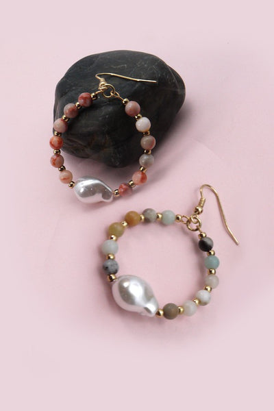 NATURAL STONE BEADED PEARL DROP EARRINGS | 51E2070946