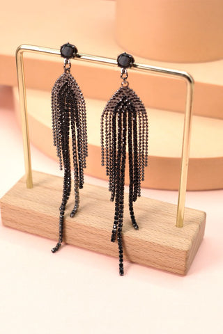 BLACK RHINESTONE FRINGE DROP EARRINGS | 52E2090517