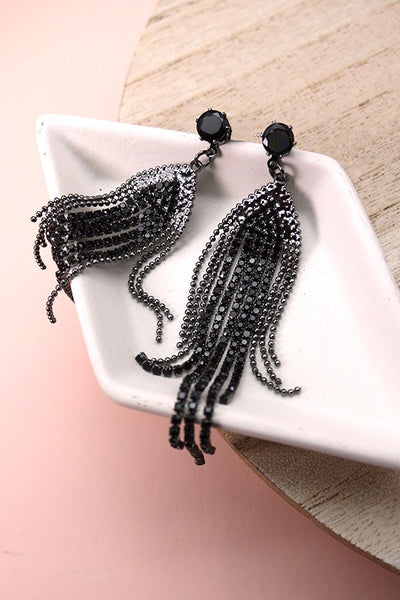 BLACK RHINESTONE FRINGE DROP EARRINGS | 52E2090517