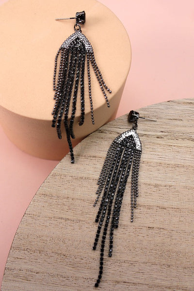 BLACK RHINESTONE FRINGE DROP EARRINGS | 52E2090517