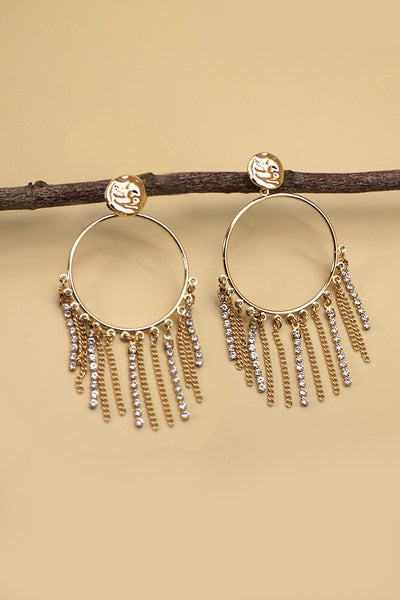 ROUND RHINESTONE TASSEL DROP EARRINGS | 52E2090574