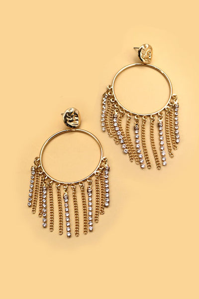 ROUND RHINESTONE TASSEL DROP EARRINGS | 52E2090574