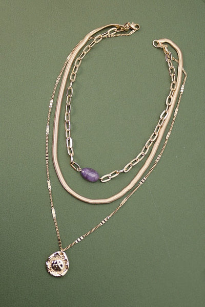 NATURAL STONE CHARM SNAKE CHAIN LAYER NECKLACE | 25N559