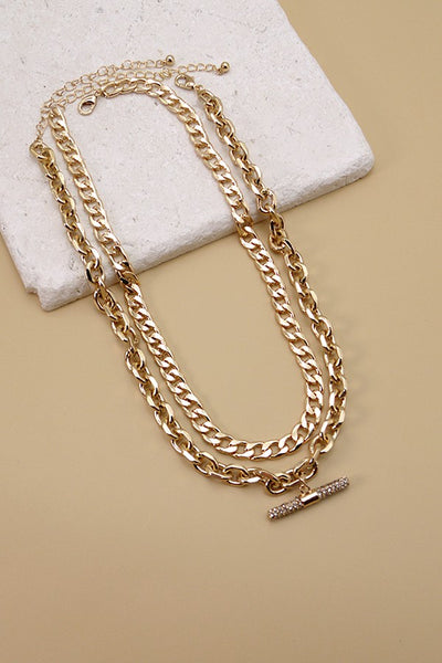 RHINESTONE BAR CHUNKY CHAIN DOUBLE LAYER NECKLACE | 71N220950