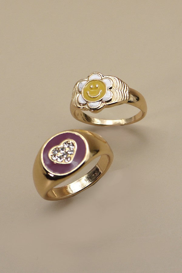 SMILEY FLOWER RHIESTONE HEART DUO RING | 31R22151