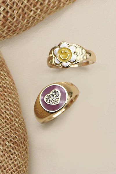 SMILEY FLOWER RHIESTONE HEART DUO RING | 31R22151