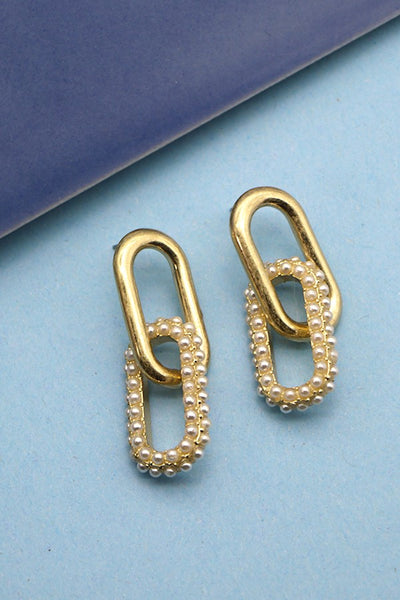 TWO TONE GOLD PEARL LINK DROP EARRINGS | 80E115