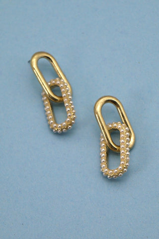 TWO TONE GOLD PEARL LINK DROP EARRINGS | 80E115