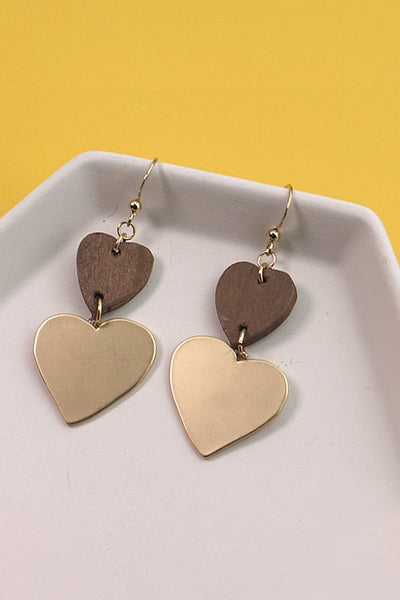 DOUBLE HEART WOOD METAL DROP EARRINGS | 80E035