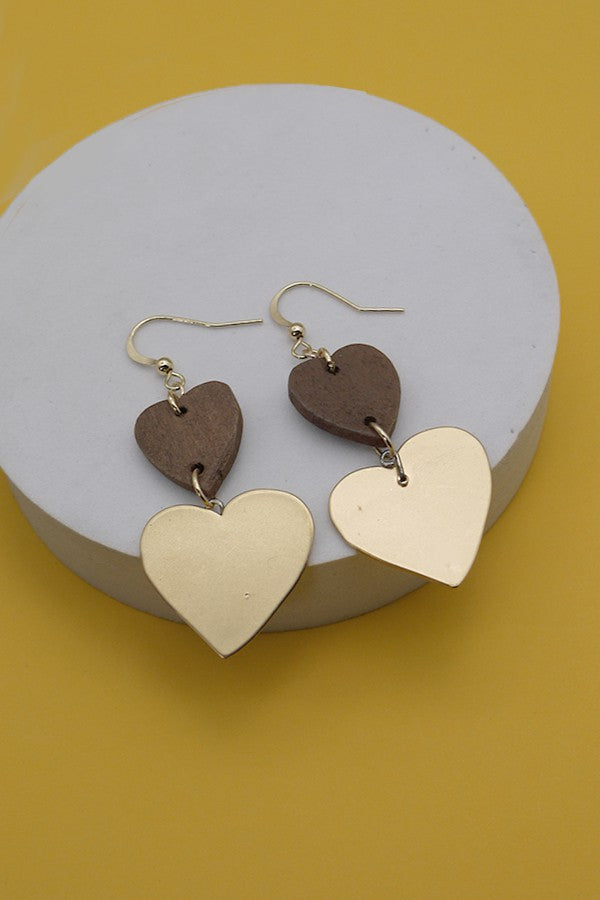 DOUBLE HEART WOOD METAL DROP EARRINGS | 80E035