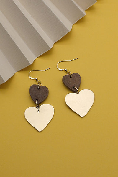 DOUBLE HEART WOOD METAL DROP EARRINGS | 80E035