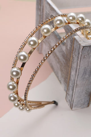 TRIPLE ROW RHINESTONE PEARL HAIR BAND | 40HB120