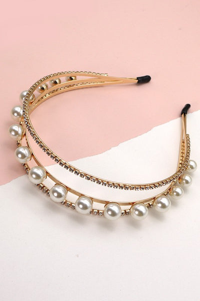 TRIPLE ROW RHINESTONE PEARL HAIR BAND | 40HB120