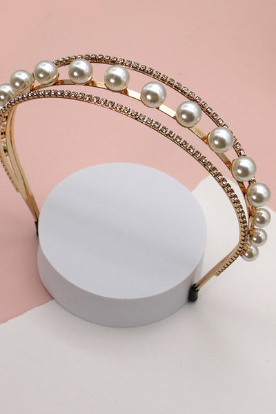 TRIPLE ROW RHINESTONE PEARL HAIR BAND | 40HB120