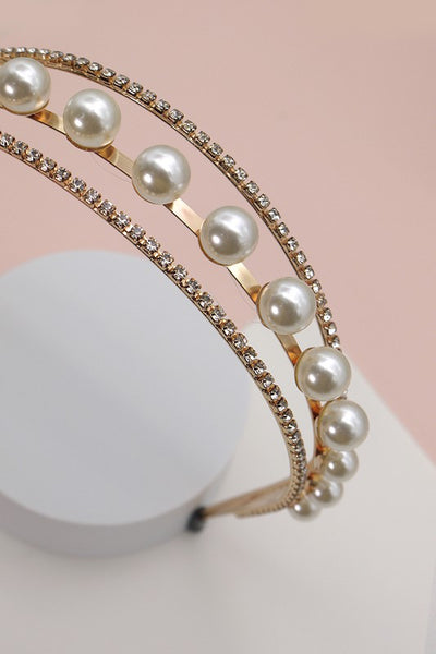 TRIPLE ROW RHINESTONE PEARL HAIR BAND | 40HB120