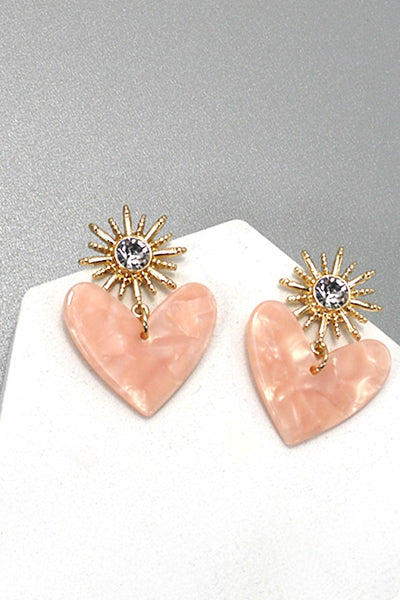 RHINESTONE STAR BURST ACRYLIC HEART DROP EARRINGS | 80E271