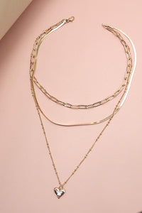 RHINESTONE HEART PENDANT MULTI CHAIN NECKLACE | 25N703