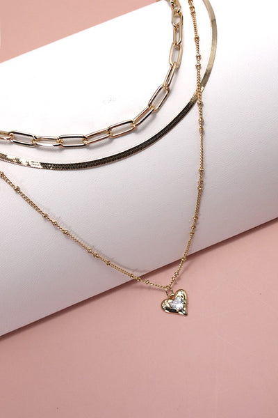 RHINESTONE HEART PENDANT MULTI CHAIN NECKLACE | 25N703