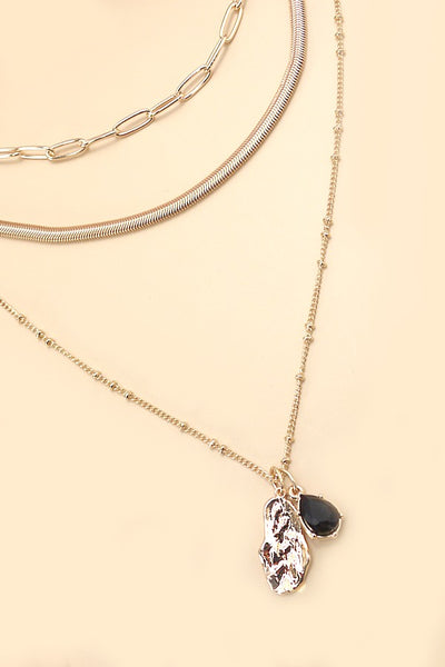 BLACK STONE TEARDROP PENDANT MULTI CHAIN NECKLACE | 25N710