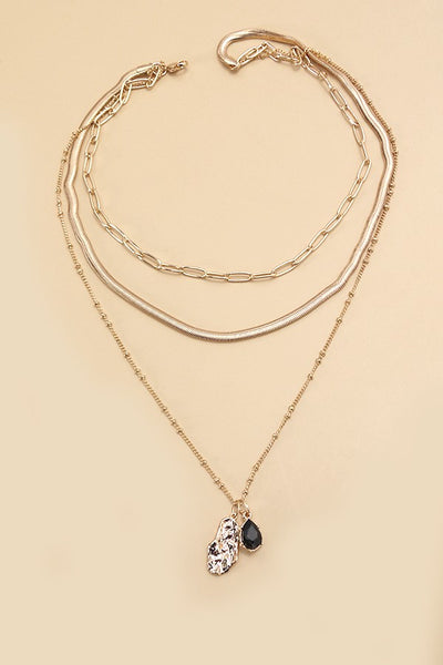 BLACK STONE TEARDROP PENDANT MULTI CHAIN NECKLACE | 25N710